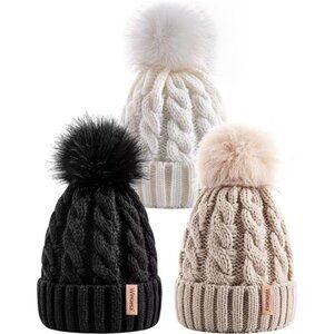 3-Piece Women's Knit Beanie Set with Pom Poms